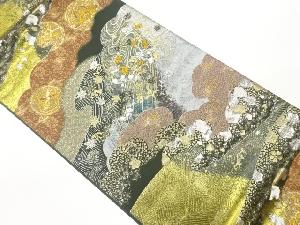 引箔雲取りに向かい鳥・流水・花唐草模様織出し袋帯